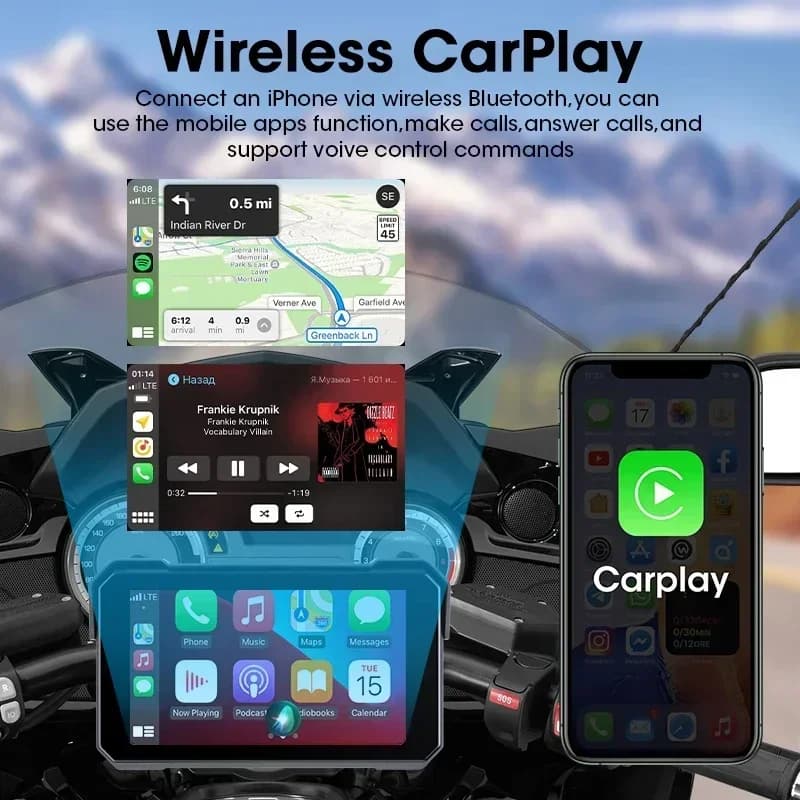 Ecran CarPlay 5 pouces installe sur moto